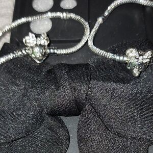 SET OF TWO!!!! Black Bow with Silver Beaded Bracelets